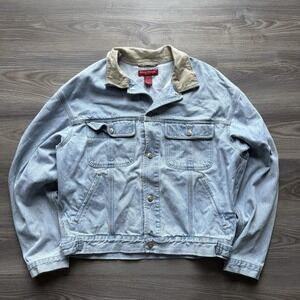 VTG 90s Banana Republic Light Wash Denim Jacket Tan Leather Collar L Boxy